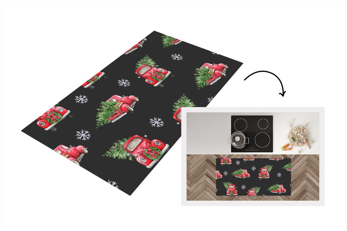KitchenYeah Keukenloper - Loper keuken - Kerstboom - Auto - Patronen - 120x60 cm - Keukenloper vinyl Multicolor