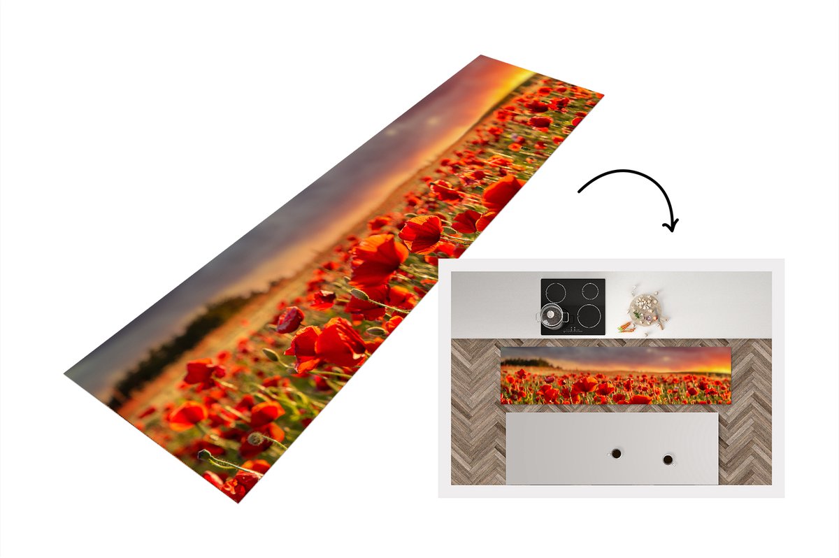 KitchenYeah Keukenloper - Loper keuken - Zonsondergang - Klaprozen - Rood - 200x50 cm - Keukenloper vinyl Multicolor