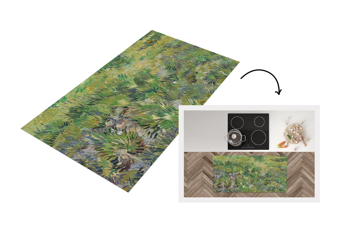 KitchenYeah Keukenloper - Loper keuken - Grasveld met bloemen en vlinders - Vincent van Gogh - 120x60 cm - Keukenloper vinyl Multicolor
