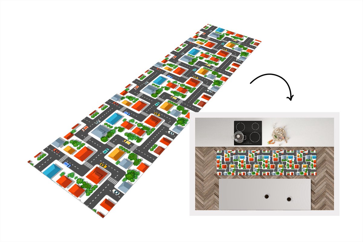 KitchenYeah Keukenloper - Loper keuken - Patronen - Auto - Huis - 240x60 cm - Keukenloper vinyl Multicolor