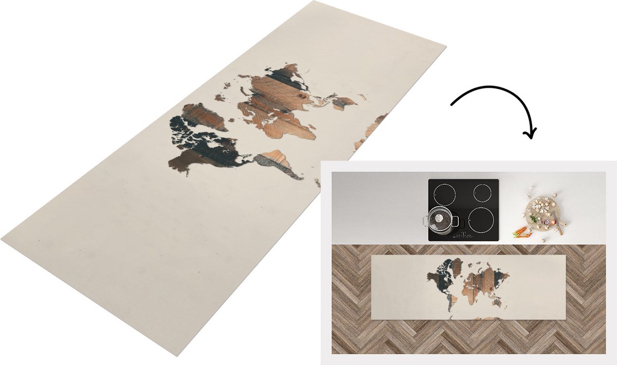 KitchenYeah Keukenloper - Loper keuken - Wereldkaart - Boom - Natuur - 180x60 cm - Keukenloper vinyl Multicolor
