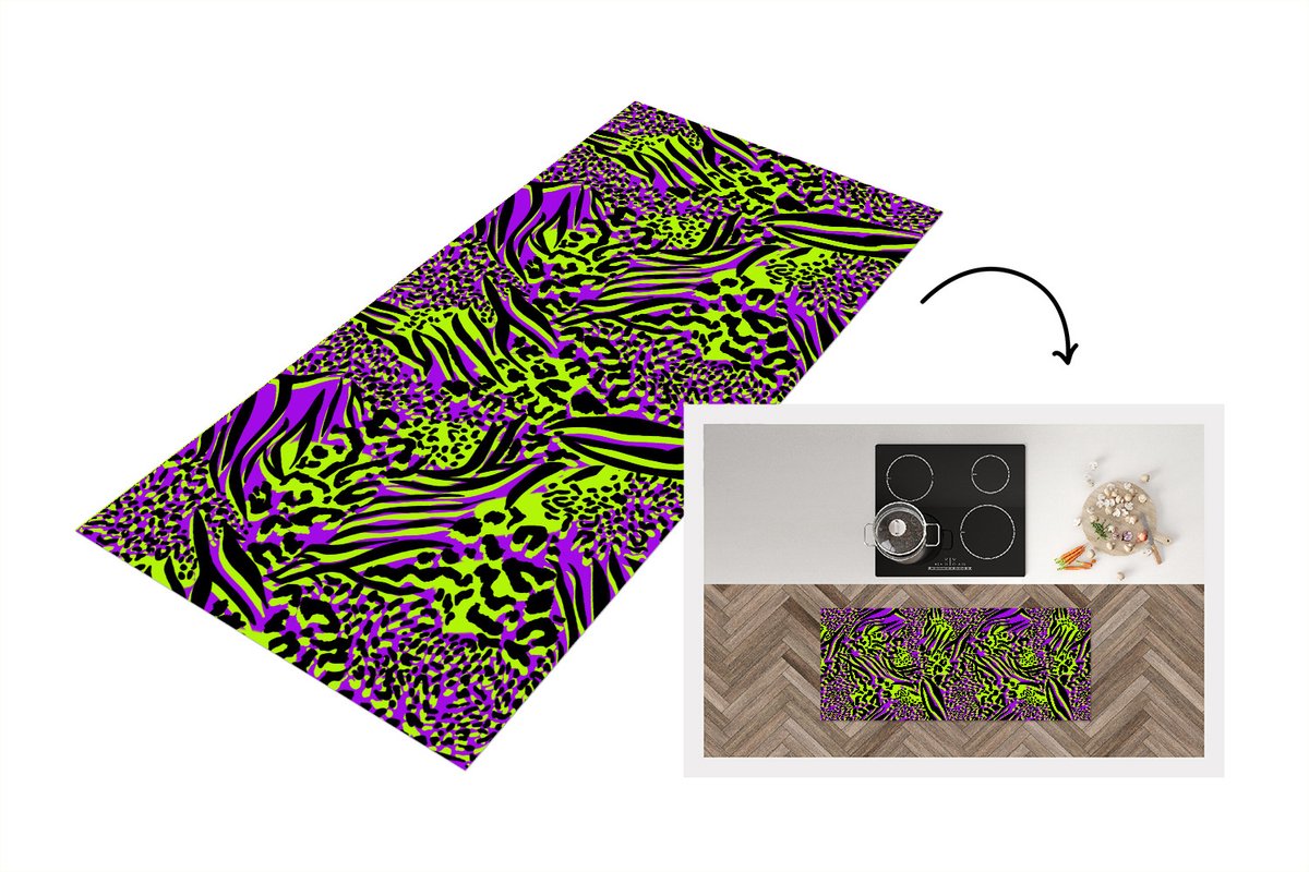 KitchenYeah Keukenloper - Loper keuken - Dierenprint - Paars - Groen - Neon - 120x50 cm - Keukenloper vinyl Multicolor