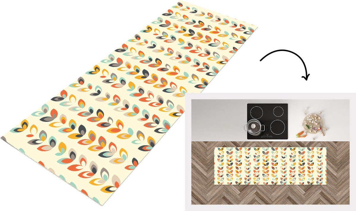 KitchenYeah Keukenloper - Loper keuken - Bladeren - Jaren 50 - Patroon - 180x60 cm - Keukenloper vinyl Multicolor