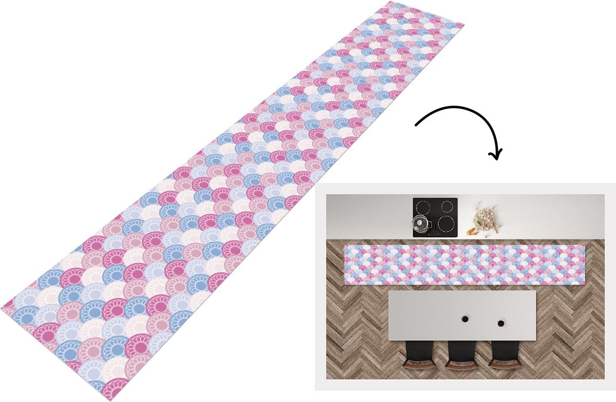 KitchenYeah Keukenloper - Loper keuken - Cirkel - Patroon - Roze - 300x50 cm - Keukenloper vinyl Multicolor