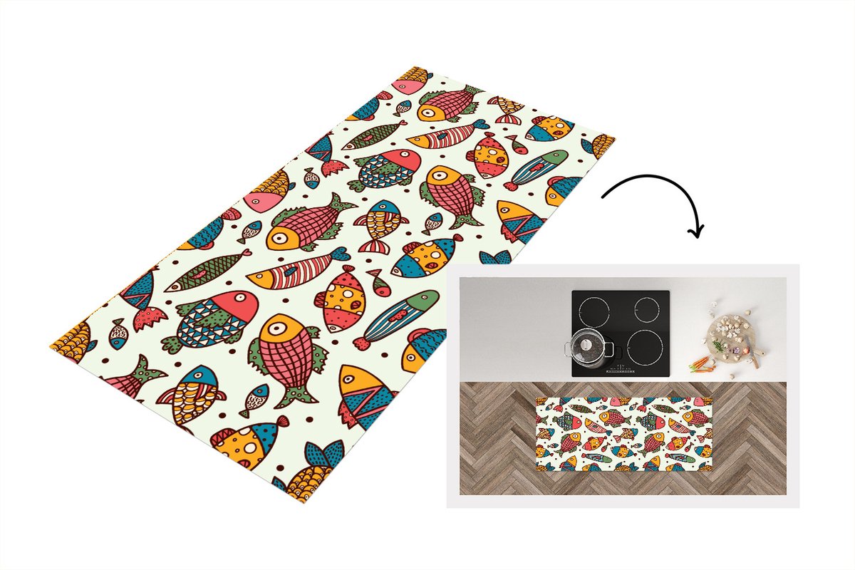 KitchenYeah Keukenloper - Loper keuken - Patroon - Zee - Vis - Zeedieren - 120x50 cm - Keukenloper vinyl Multicolor