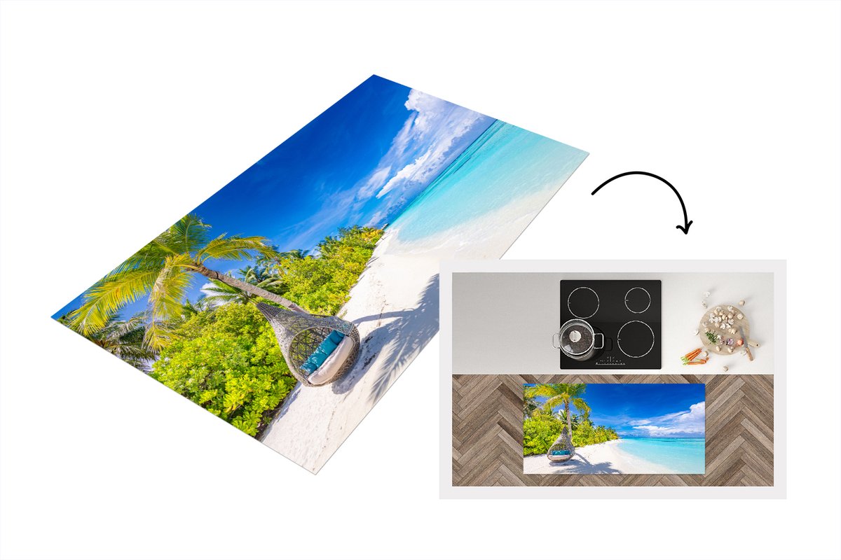 KitchenYeah Keukenloper - Loper keuken - Strand - Palmboom - Hangstoel - 120x60 cm - Keukenloper vinyl Multicolor