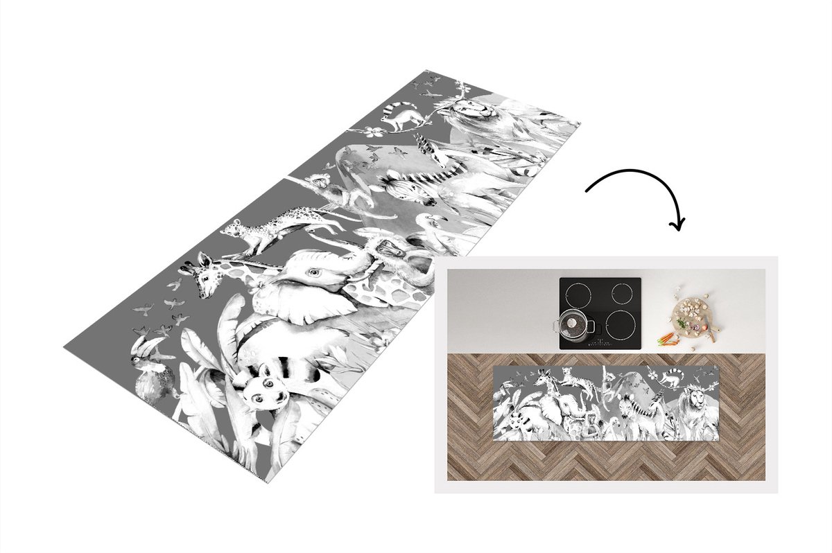 KitchenYeah Keukenloper - Loper keuken - Watercolor jungledieren grijze achtergrond met bergen - zwart wit - 180x60 cm - Keukenloper vinyl Zwart; Wit