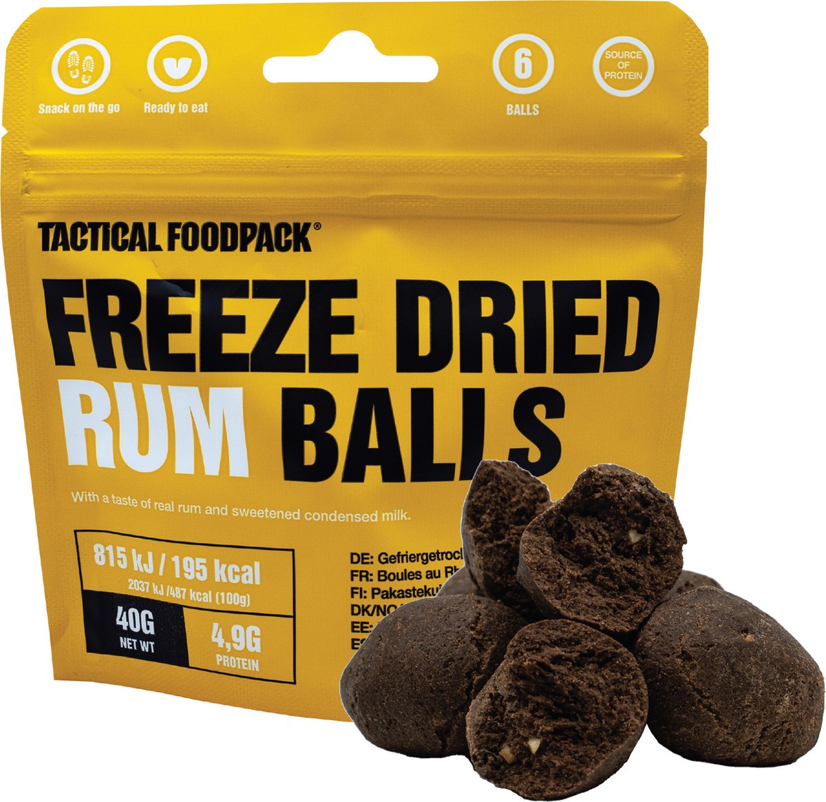 Tactical FoodPack Freeze-Dried Rum Balls (69gram) - Chocolade Rumballen (zonder alcohol) - 195kcal - buitensportvoeding - outdoorsnack - vriesdroog - survival eten - prepper - 8 jaar houdbaar - snackverpakking
