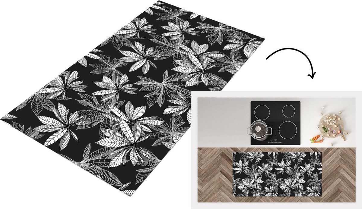 KitchenYeah Keukenloper - Loper keuken - Zwart - Wit - Patronen - Bladeren - Natuur - 120x60 cm - Keukenloper vinyl Multicolor