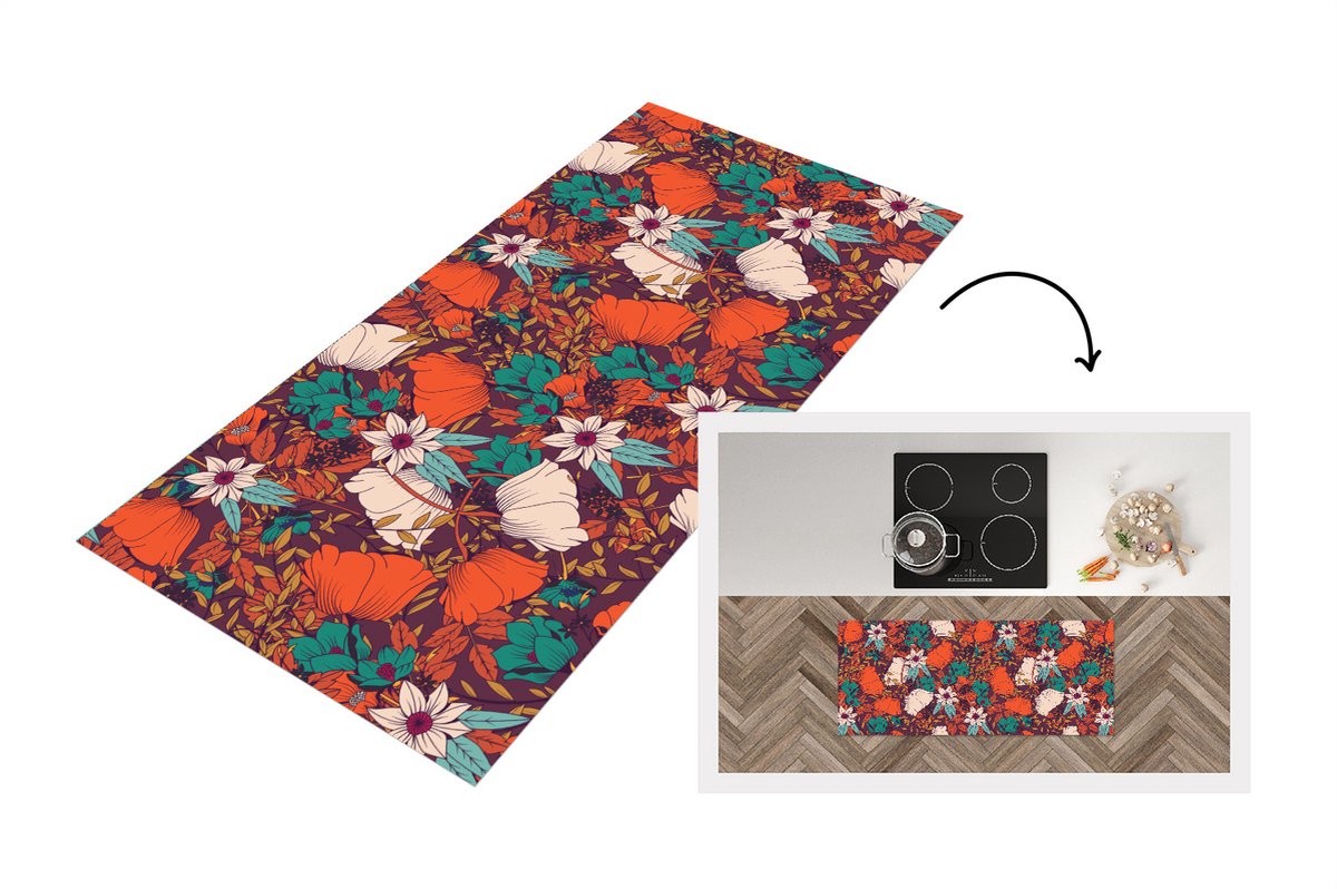 KitchenYeah Keukenloper - Loper keuken - Bloemen - Herfst - Patroon - 120x50 cm - Keukenloper vinyl Multicolor