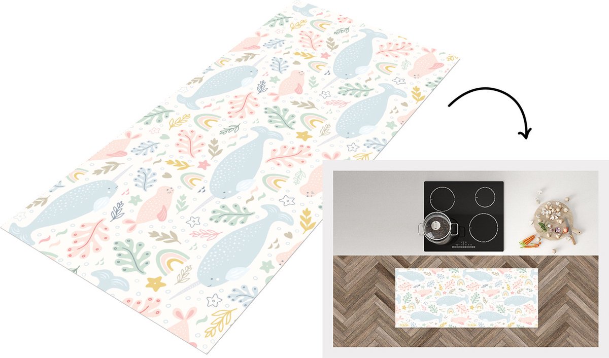 KitchenYeah Keukenloper - Loper keuken - Narwal - Zeehond - Regenboog - Dieren - Keukenloper vinyl Multicolor
