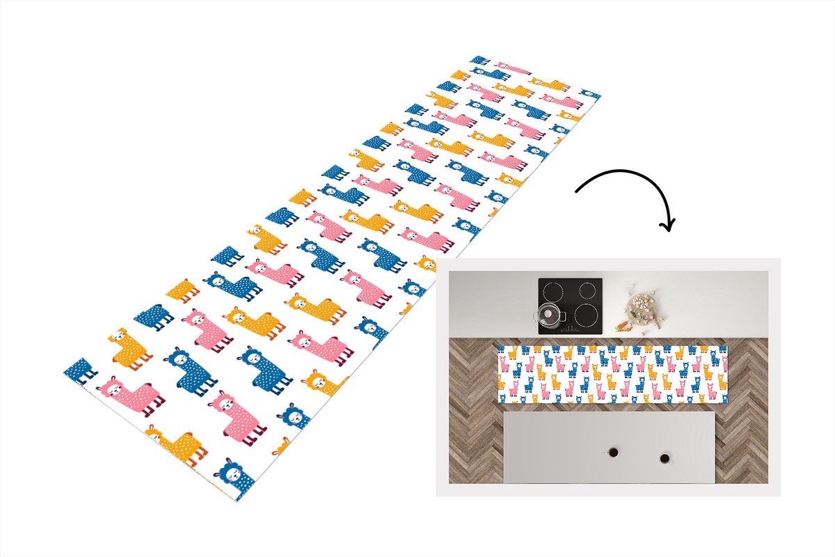 KitchenYeah Keukenloper - Loper keuken - Lama - Dieren - Patronen - Roze - Blauw - 240x60 cm - Keukenloper vinyl Multicolor