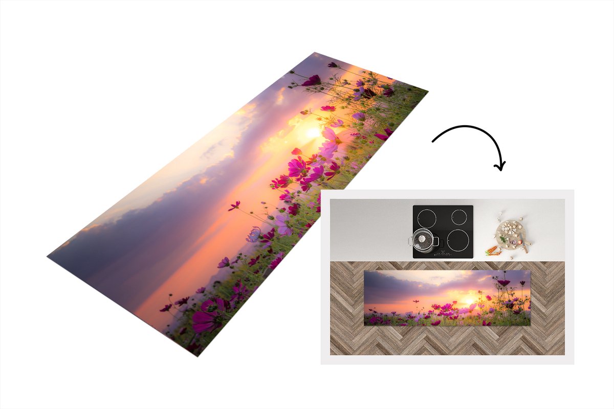 KitchenYeah Keukenloper - Loper keuken - Zonsondergang - Bloemen - Roze - Keukenloper vinyl, foto 3
