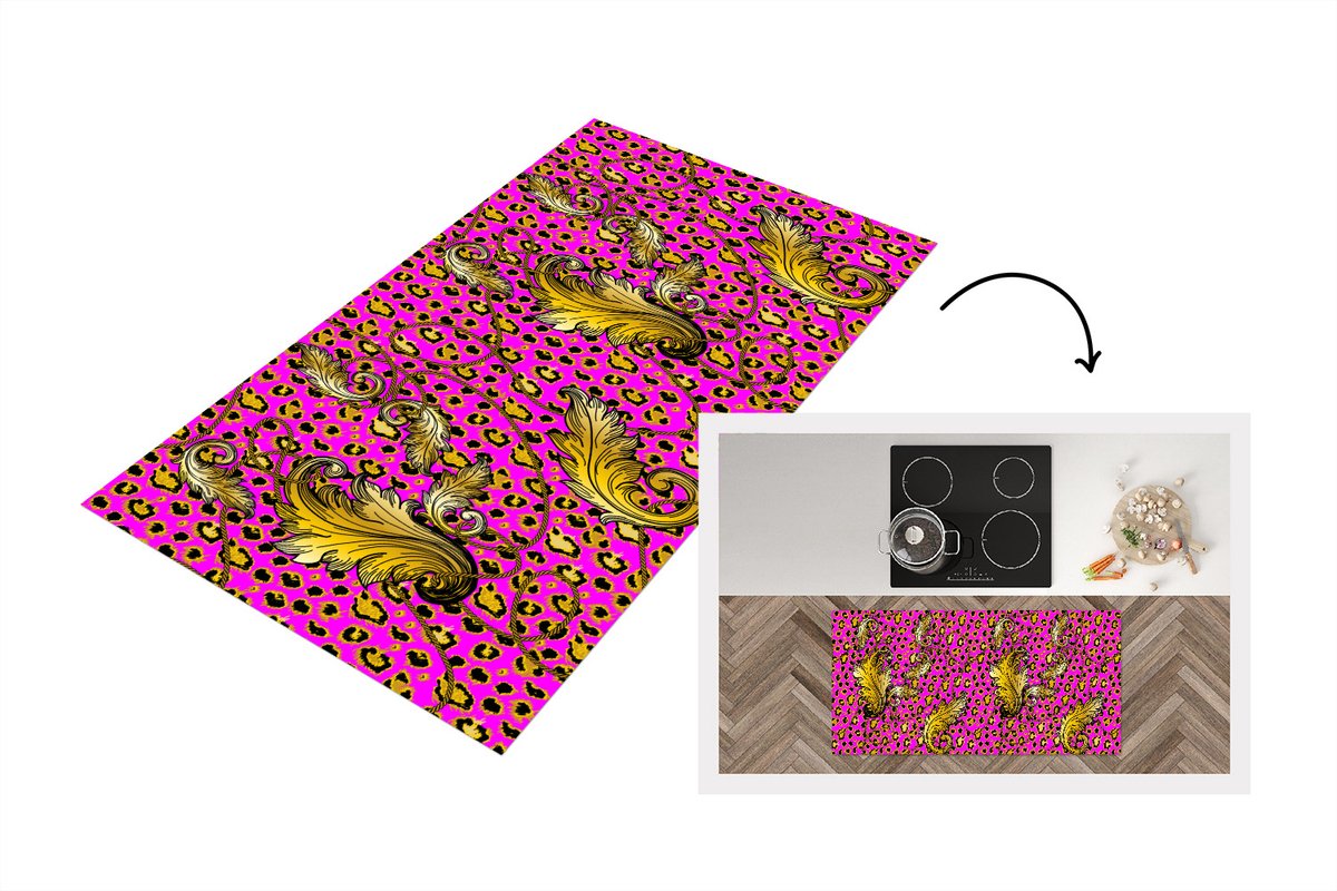 KitchenYeah Keukenloper - Loper keuken - Barok - Panter - Goud - Patroon - 120x60 cm - Keukenloper vinyl Multicolor