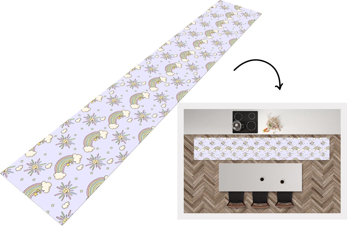 KitchenYeah Keukenloper - Loper keuken - Meisjes - Regenboog - Zon - Patronen - 300x50 cm - Keukenloper vinyl Multicolor