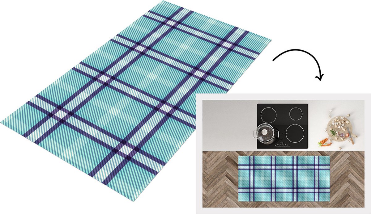 KitchenYeah Keukenloper - Loper keuken - Plaid - Blauw - Patronen - Schotse ruit - 120x60 cm - Keukenloper vinyl Multicolor