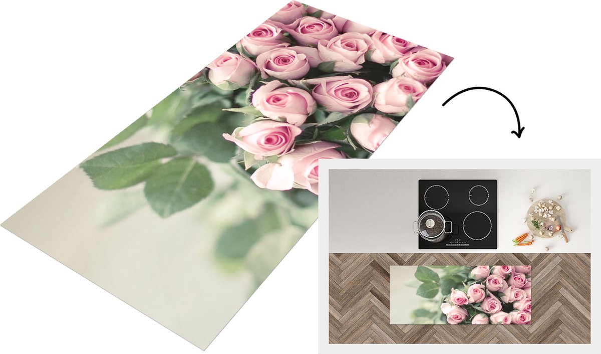 KitchenYeah Keukenloper - Loper keuken - Een grote boek van roze rozen ligt op een tafel. - 120x50 cm - Keukenloper vinyl Multicolor
