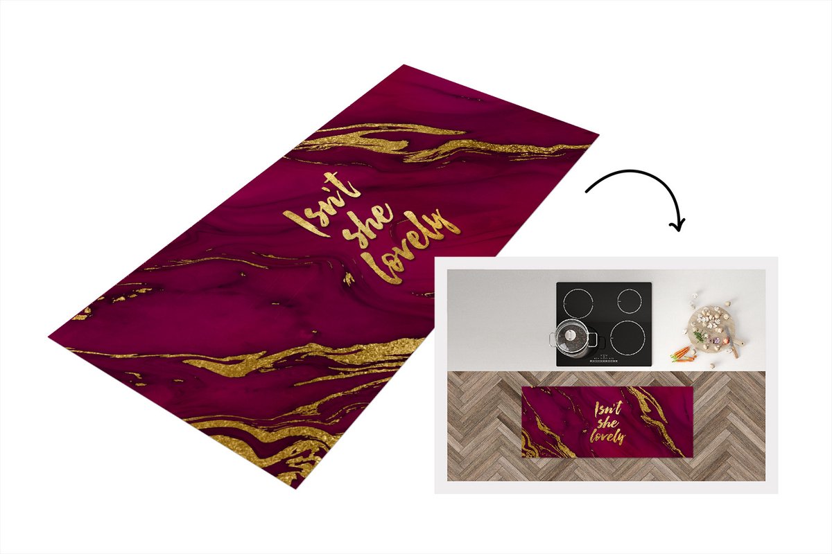 KitchenYeah Keukenloper - Loper keuken - Lovely - Goud - Roze - Marmer - Keukenloper vinyl Multicolor