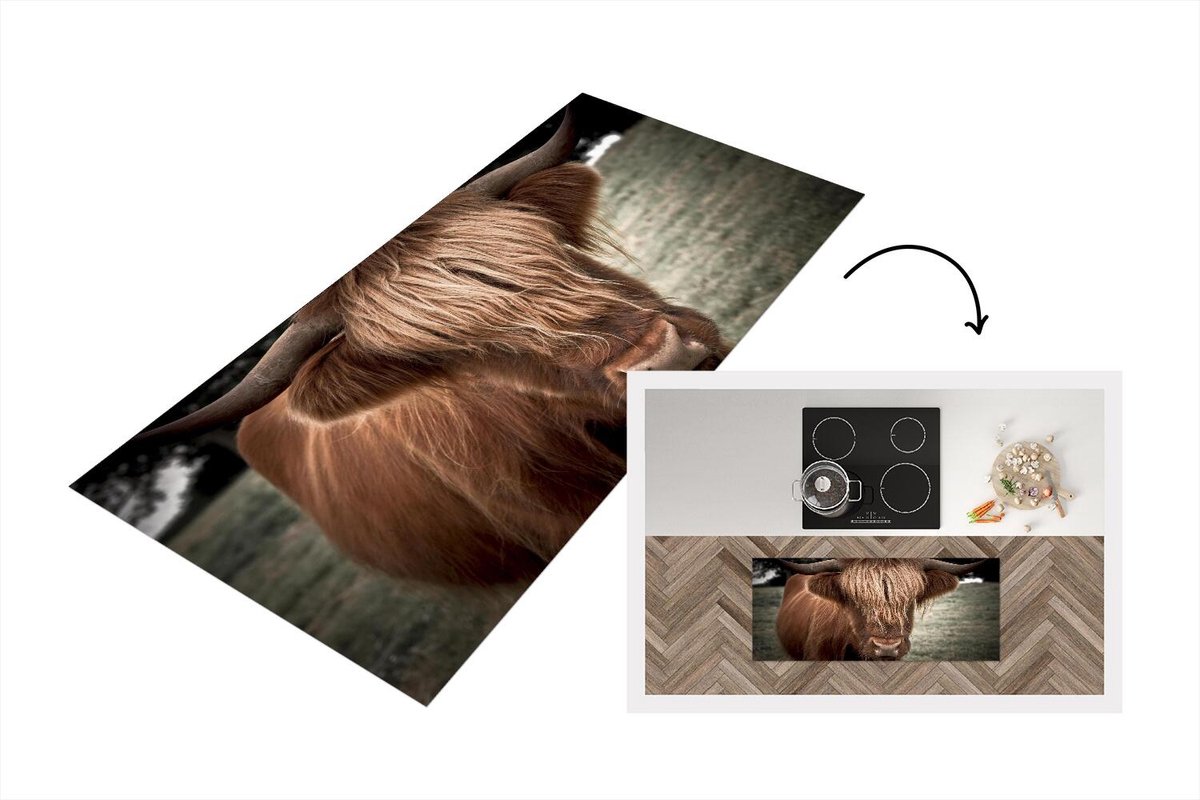 KitchenYeah Keukenloper - Loper keuken - Schotse Hooglander - Boom - Gras - 120x50 cm - Keukenloper vinyl Multicolor