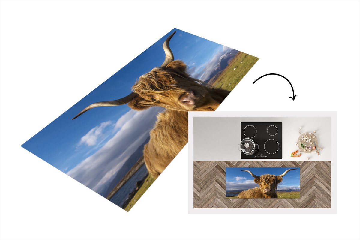 KitchenYeah Keukenloper - Loper keuken - Schotse Hooglander - Dieren - Gras - 120x50 cm - Keukenloper vinyl Multicolor