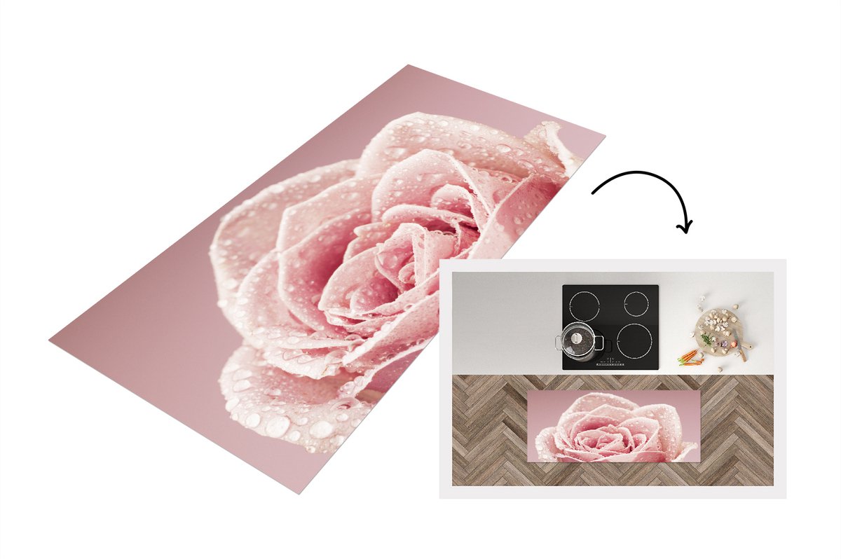 KitchenYeah Keukenloper - Loper keuken - Dauwdruppeltjes op een enkele roze roos - Keukenloper vinyl Multicolor