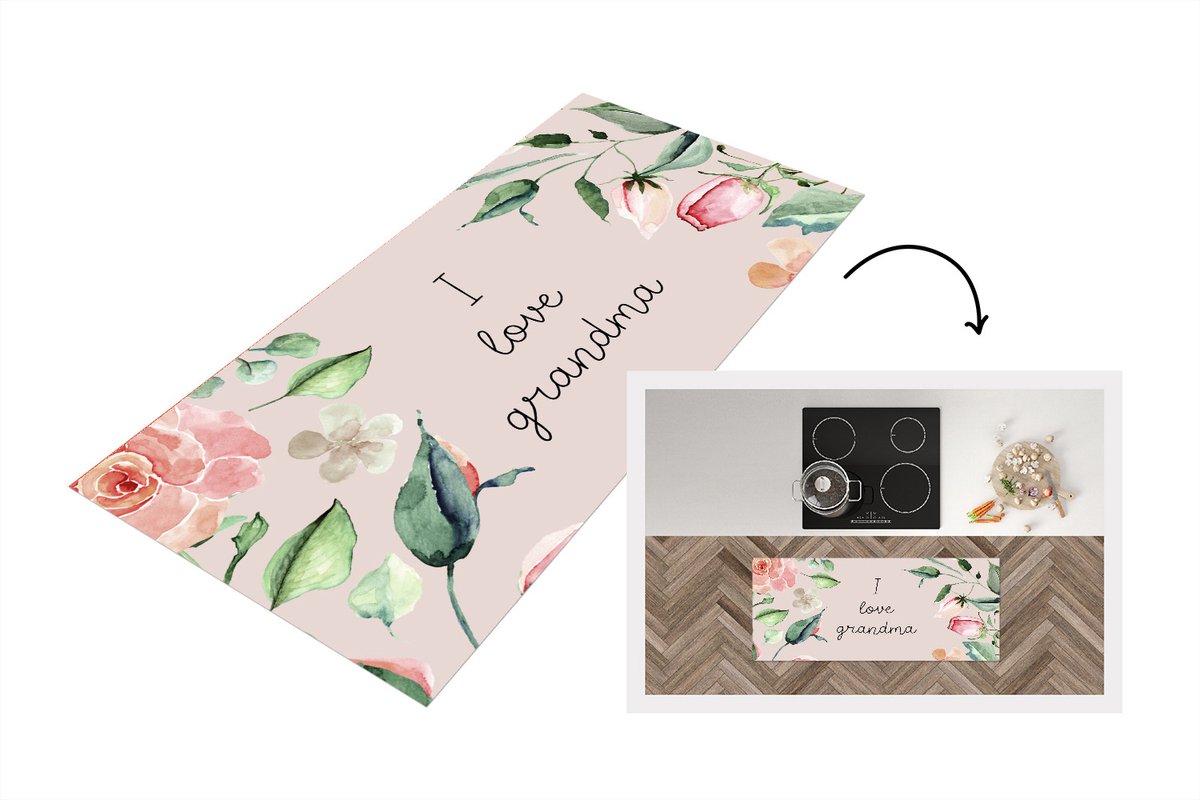 KitchenYeah Keukenloper - Loper keuken - Spreuken - Quotes I Love Grandma - Oma - Moederdag - Bloemen - Cadeau - 120x50 cm - Keukenloper vinyl Multicolor