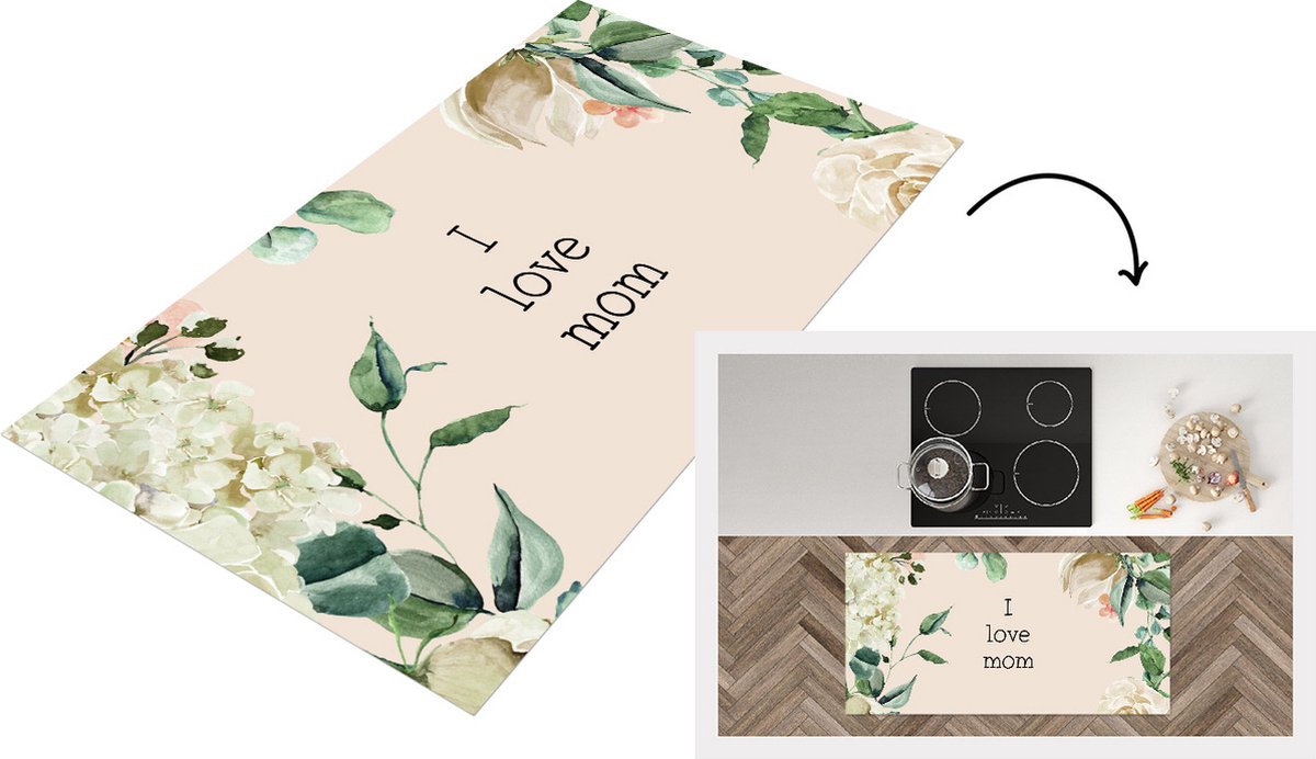 KitchenYeah Keukenloper - Loper keuken - Spreuken - Quotes I Love Mom - Moederdag - Bloemen - Mama - Moeder - 120x60 cm - Keukenloper vinyl Multicolor