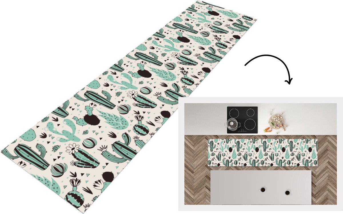 KitchenYeah Keukenloper - Loper keuken - Cactus - Patroon - Bloemen - 200x50 cm - Keukenloper vinyl Multicolor