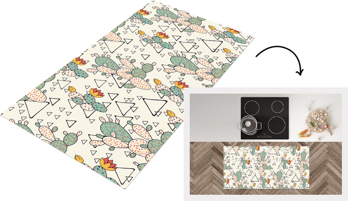 KitchenYeah Keukenloper - Loper keuken - Patroon - Cactus - Driehoek - 120x60 cm - Keukenloper vinyl Multicolor