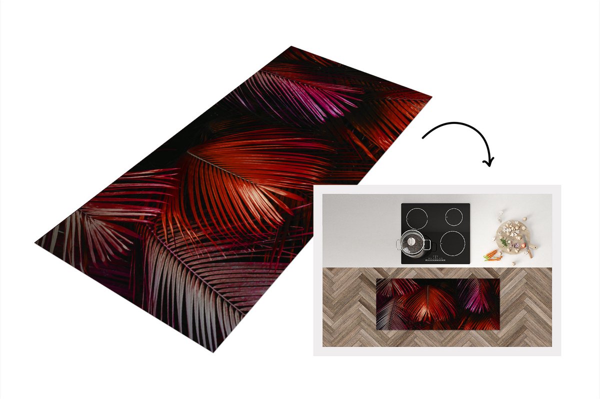 KitchenYeah Keukenloper - Loper keuken - Jungle - Bladeren - Rood - 120x50 cm - Keukenloper vinyl Multicolor