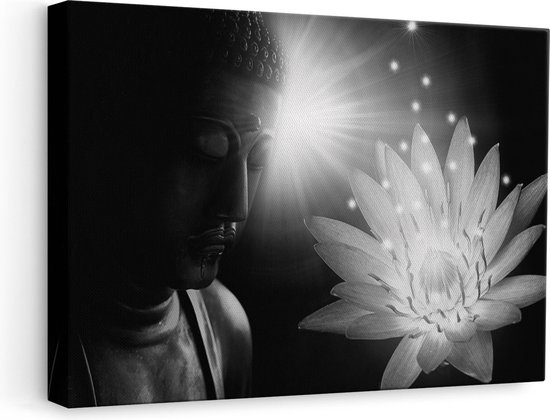 Artaza Canvas Schilderij Boeddha Beeld met Bloem - Zwart Wit - 60x40 - Foto Op Canvas - Canvas Print