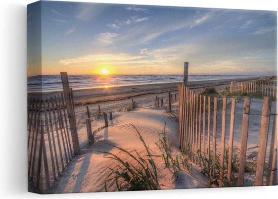 Artaza Canvas Schilderij Strand en Zee vanuit Duinen met Zonsondergang - 30x20 - Klein - Foto Op Canvas - Canvas Print