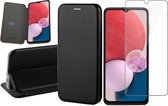 Hoesje geschikt voor Samsung Galaxy A13 4G - Book Case Lederen Wallet Cover Minimalistisch Pasjeshouder Hoes Zwart - Tempered Glass Screenprotector