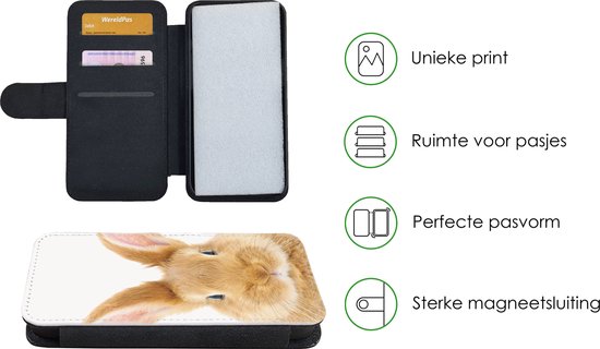 Telefoonhoesje Geschikt voor iPhone 13 telefoonhoesje - Kinderen - Konijn - Kind - Meisjes - Jongens - Met vakjes - Wallet case met magneetsluiting