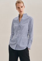 Dames blouse kelkkraag sta kraagje wit  met donkerblauwe print volwassen lange mouw  katoen maat 42