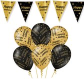 Leeftijd verjaardag feestartikelen pakket vlaggetjes/ballonnen Happy Birthday thema zwart/goud - 12x ballonnen/2x vlaggenlijnen