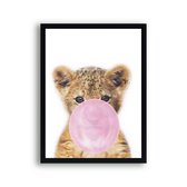 Schilderij  Jungle tijger met roze kauwgom - Jungle dieren / Kauwgombel / 50x40cm