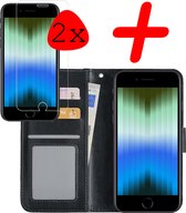 Hoes Geschikt voor iPhone SE 2022 Hoesje Bookcase Hoes Flip Case Book Cover Met 2x Screenprotector - Hoesje Geschikt voor iPhone SE (2022) Hoes Book Case Hoesje - Zwart