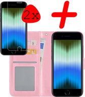 iPhone SE 2022 Hoesje Bookcase 2x Screenprotector - iPhone SE 2022 Case Hoes Cover - iPhone SE 2022 Screenprotector 2x - Lichtroze