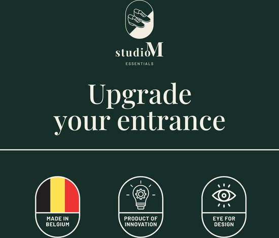 Grafische poster met 'Upgrade your entrance'. Drie iconen: Belgische vlag, gloeilamp, oog. Gemaakt in België.