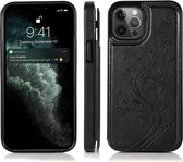 Hoesje geschikt voor iPhone SE 2022 - Backcover - Pasjeshouder - Portemonnee - Bloemenprint - Kunstleer - Zwart