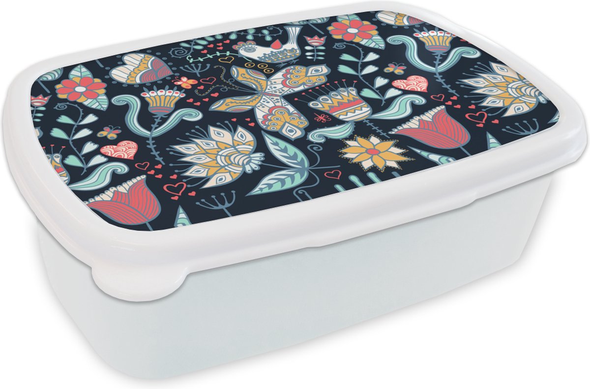 Broodtrommel Wit - Lunchbox - Brooddoos - Vlinder - Vogel - Bloem - Patroon - 18x12x6 cm - Volwassenen