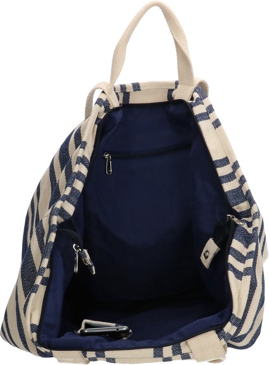 Binnenkant van een grote gestreepte canvas tas met navy voering en meerdere binnenvakken.