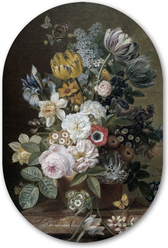 Wandovaal Stilleven met bloemen - WallCatcher | Acrylglas 80x120 cm | Ovalen schilderij | Muurovaal Meesterwerk van Jan Eelkes Jellema
