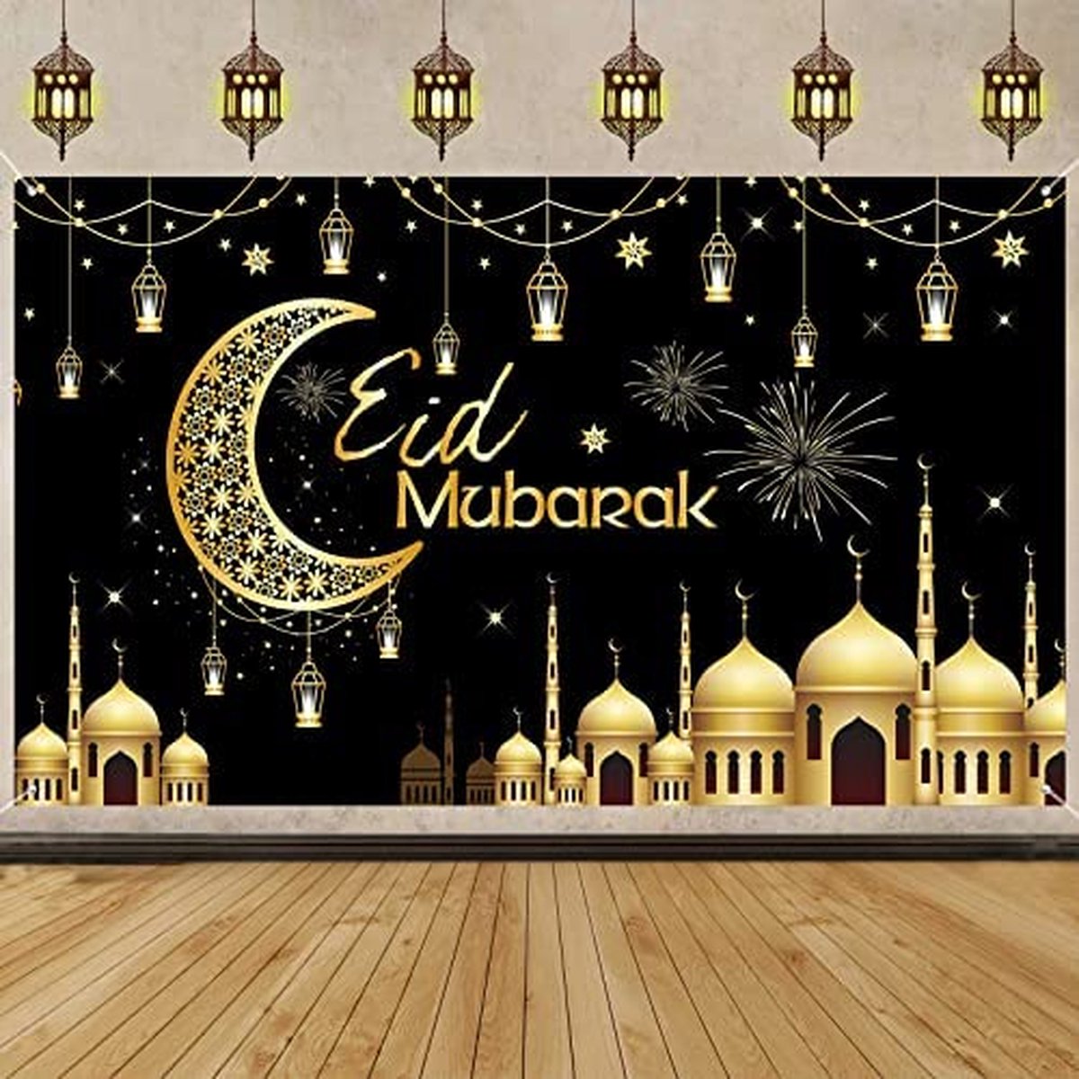 Ramadan Mubarak Decoratieset – Zwart & Goud | Banner Met Maan & Sterren | 8 Slingers | Voor Eid Feest, Huis & Moskee