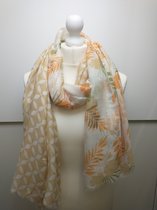Lange dames sjaal Katinka bladerenmotief fantasie beige oranje groen wit