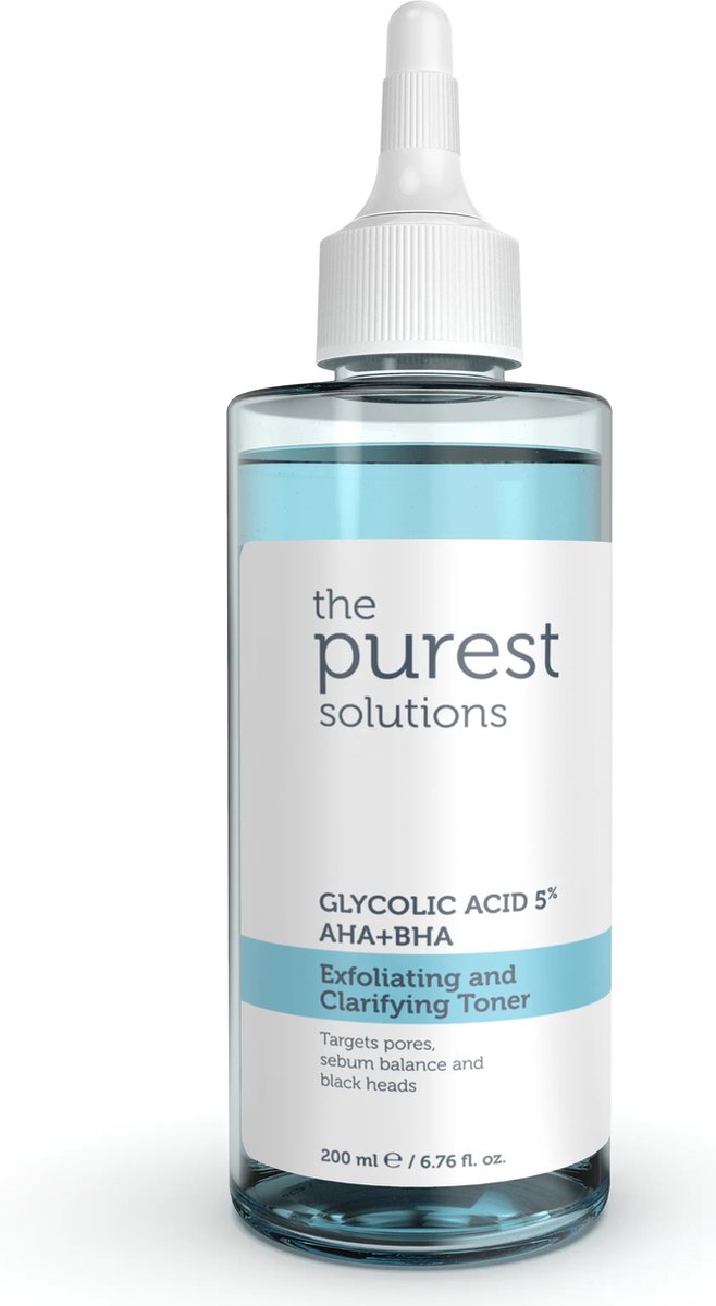The Purest Solutions 5% Gycolic Acid Purifying Toner AHA + BHA Exfoliating and Clarifying Toner | Vegan | Acne | Ongelijkmatige tint | Talg balanceren | Vergrote en verstopte poriën | Vermoeide huid