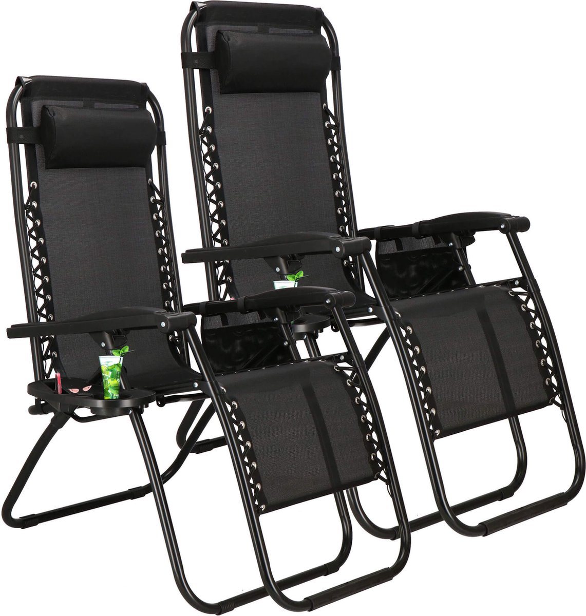 Springos Tuinstoel | Ligstoel | Opvouwbaar | Verstelbaar | Ergonomische hoofdsteun | 2 Stuks | Zwart