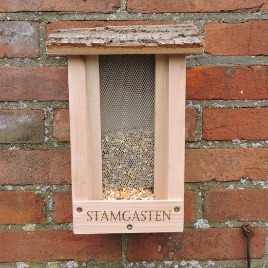 Vogelvoederhuis Stamgasten – Massief Hout met Boomschors Dak – Handgemaakt & Weerbestendig