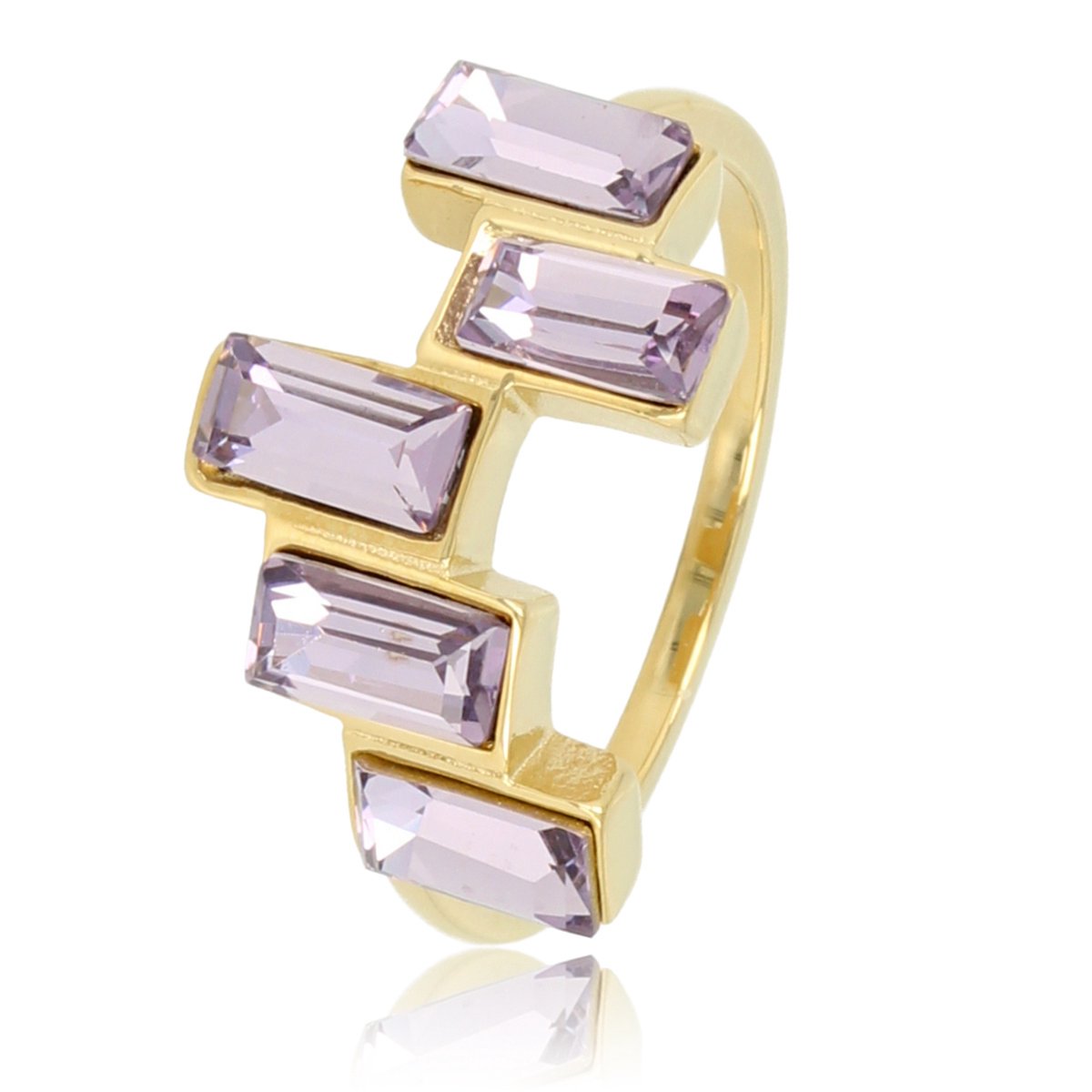 My Bendel - Design ring goud met 5 kristalstenen - My Bendel - Super mooie ring met 5 aubergine kristalstenen - Met luxe cadeauverpakking